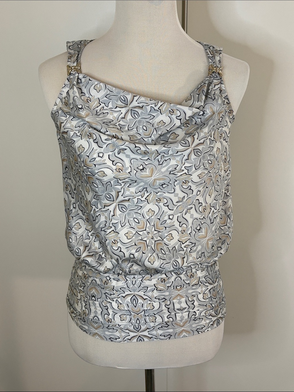 White House Black Market Floral-Print Cowl Neck Tank with Silver X @ shoulder XS